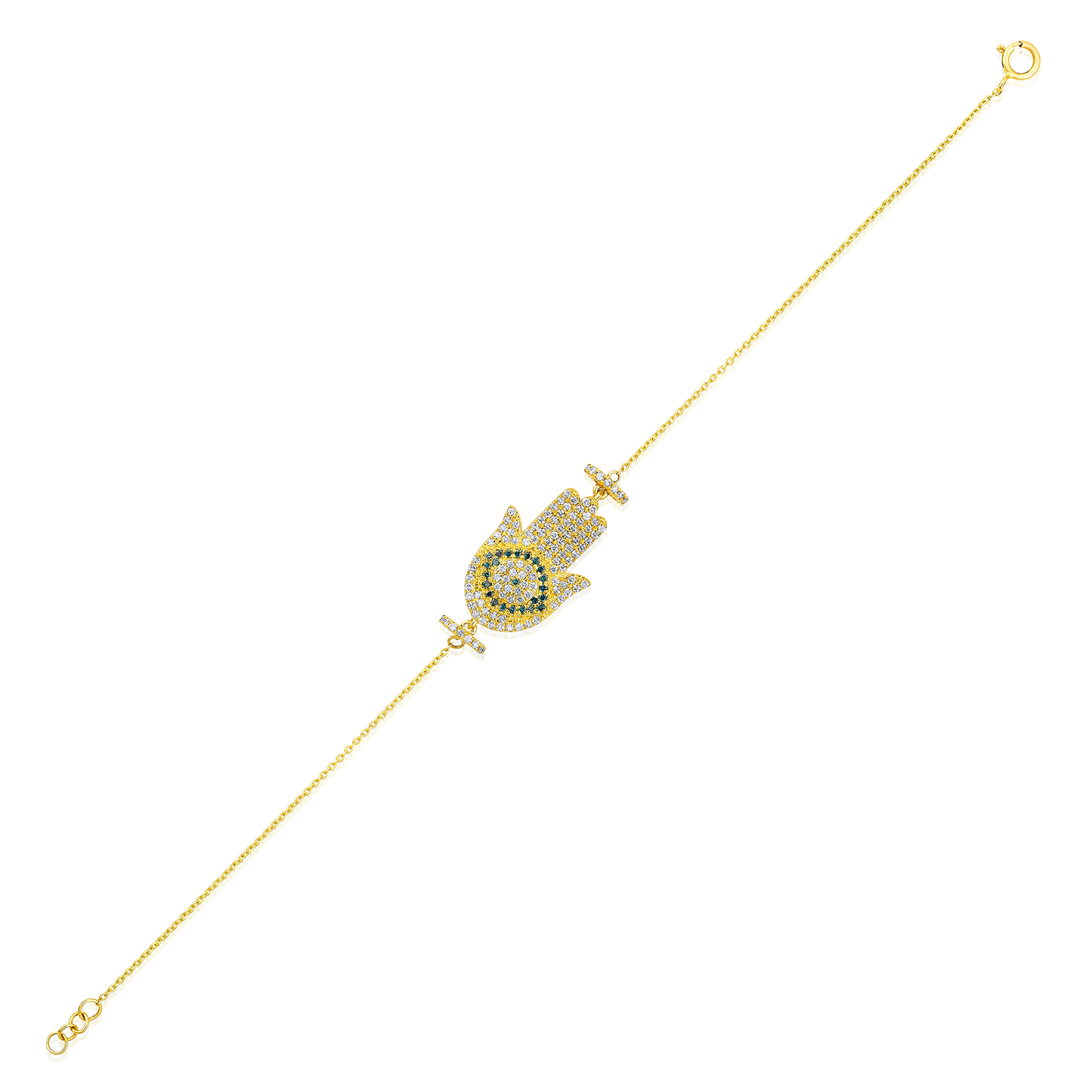 Solid Gold 0.6ct Natural Diamond Hamsa Evil Eye Blue Big Charm Bracelet