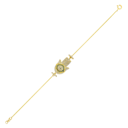 Solid Gold 0.6ct Natural Diamond Hamsa Evil Eye Blue Big Charm Bracelet