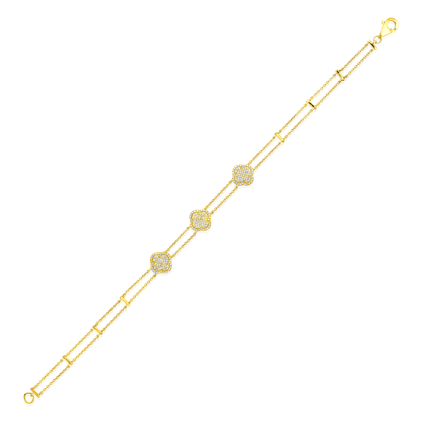 Solid Gold 0.34ct Natural Diamond 3 Disks Double Link Clover Bracelet