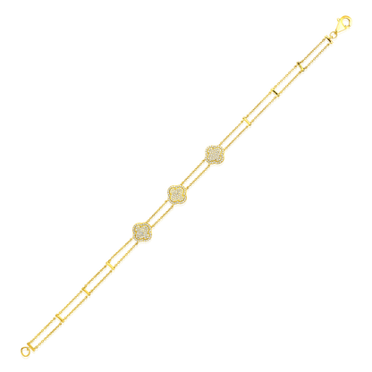 Solid Gold 0.34ct Natural Diamond 3 Disks Double Link Clover Bracelet