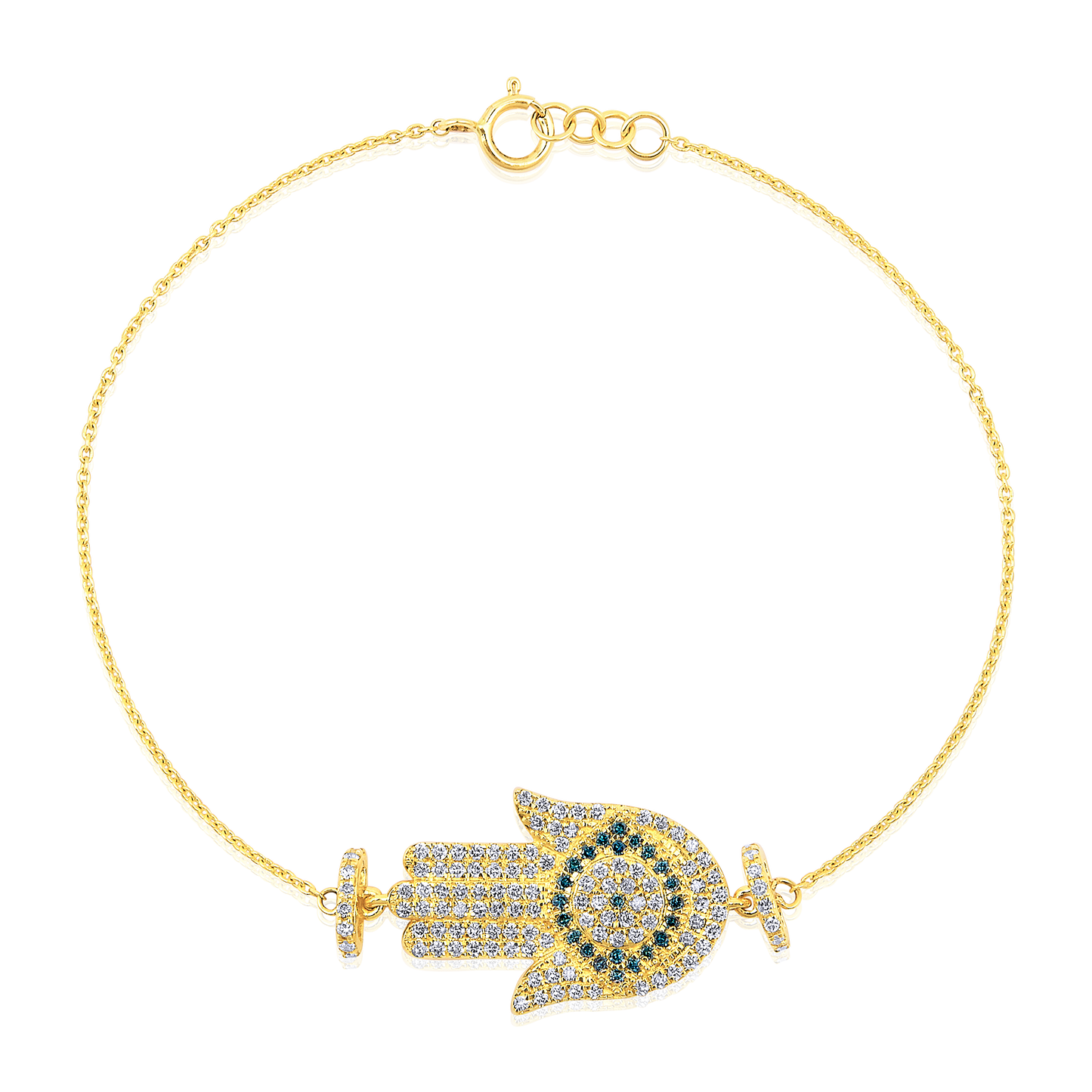 Solid Gold 0.6ct Natural Diamond Hamsa Evil Eye Blue Big Charm Bracelet