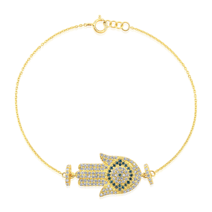 Solid Gold 0.6ct Natural Diamond Hamsa Evil Eye Blue Big Charm Bracelet