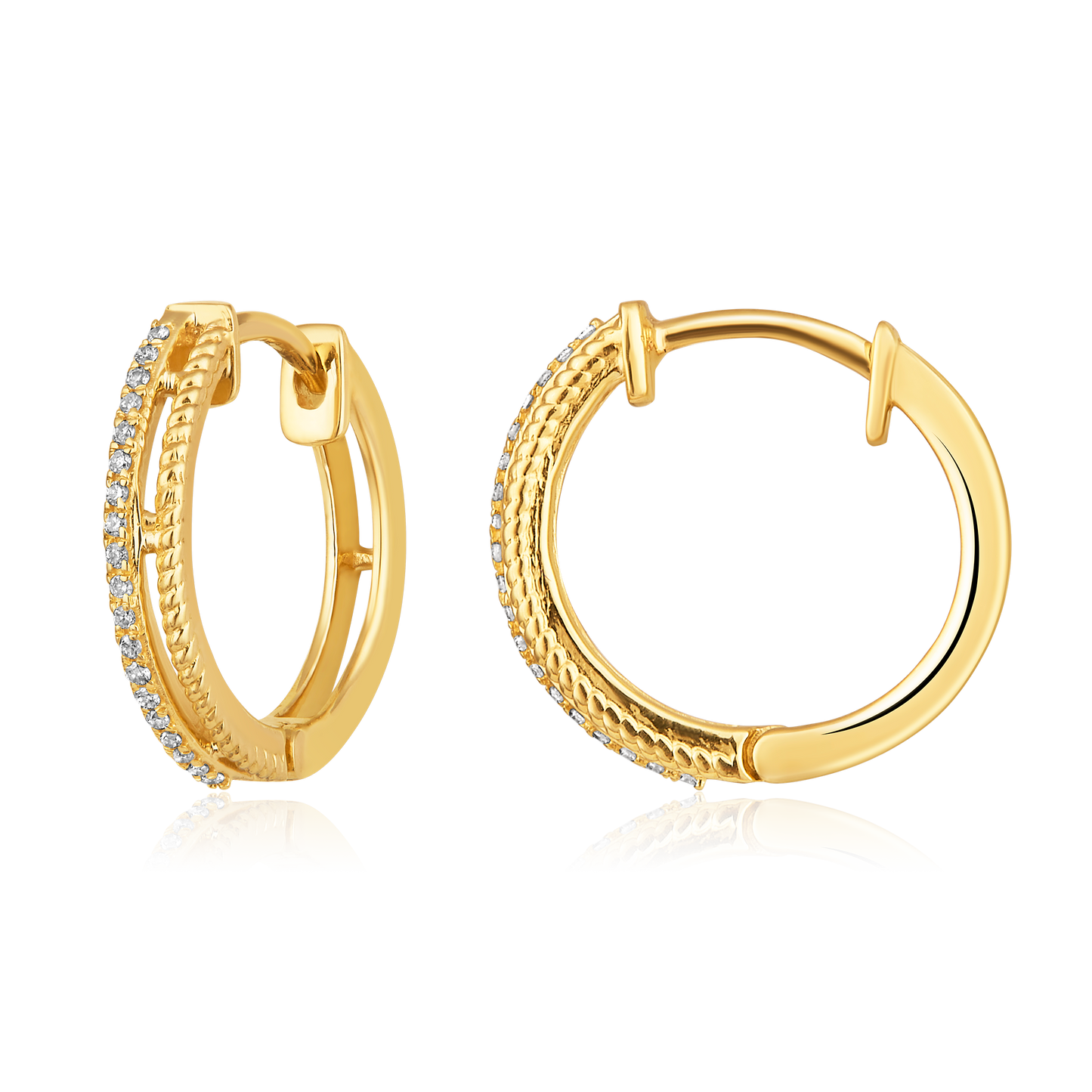 Solid Gold 0.1ct Natural Diamond 2 Row Huggie Hoop Earrings