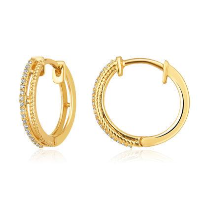 Solid Gold 0.1ct Natural Diamond 2 Row Huggie Hoop Earrings