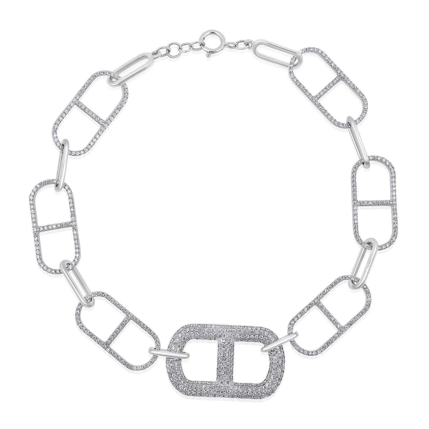 Solid Gold 1ct Natural Diamond Tri-Link Paperclip Studded Charm Bracelet