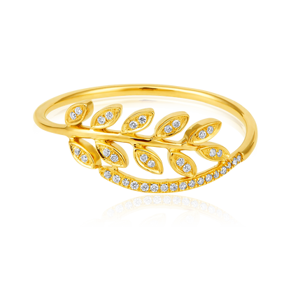 Solid Gold 0.1ct Natural Diamond Leaf Wrap Twist Branch Charm Ring