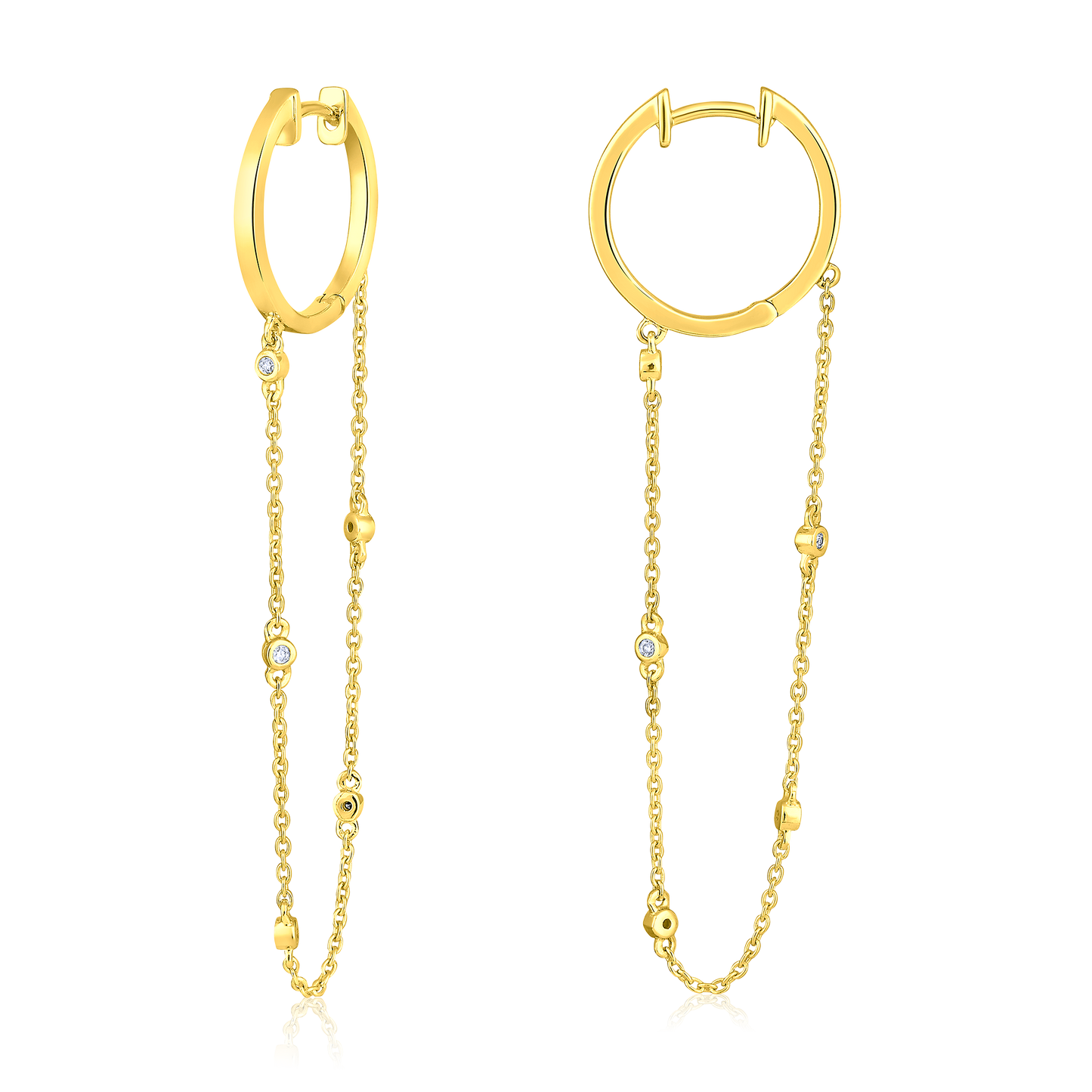 Solid Gold 0.1ct Natural Diamond Long Drop Chain Huggie By-Yard Earrings