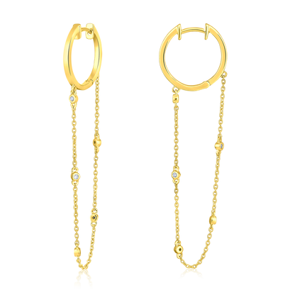Solid Gold 0.1ct Natural Diamond Long Drop Chain Huggie By-Yard Earrings