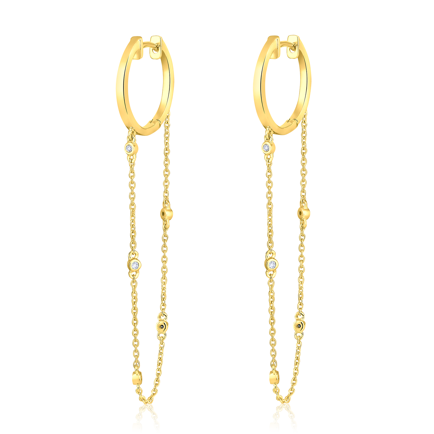 Solid Gold 0.1ct Natural Diamond Long Drop Chain Huggie By-Yard Earrings