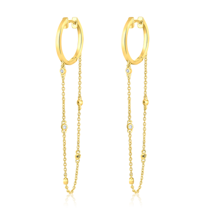 Solid Gold 0.1ct Natural Diamond Long Drop Chain Huggie By-Yard Earrings