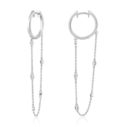 Solid Gold 0.1ct Natural Diamond Huggie Drop Loop By Yard Chain Earrings