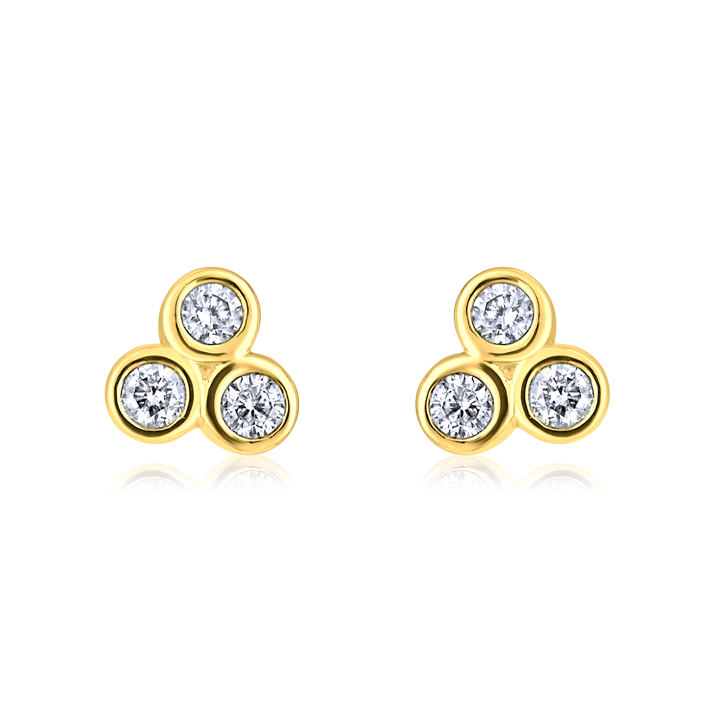 Solid Gold 0.1ct Natural Diamond 3 Stone Trio Bezel Small Stud Earrings