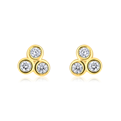 Solid Gold 0.1ct Natural Diamond 3 Stone Trio Bezel Small Stud Earrings