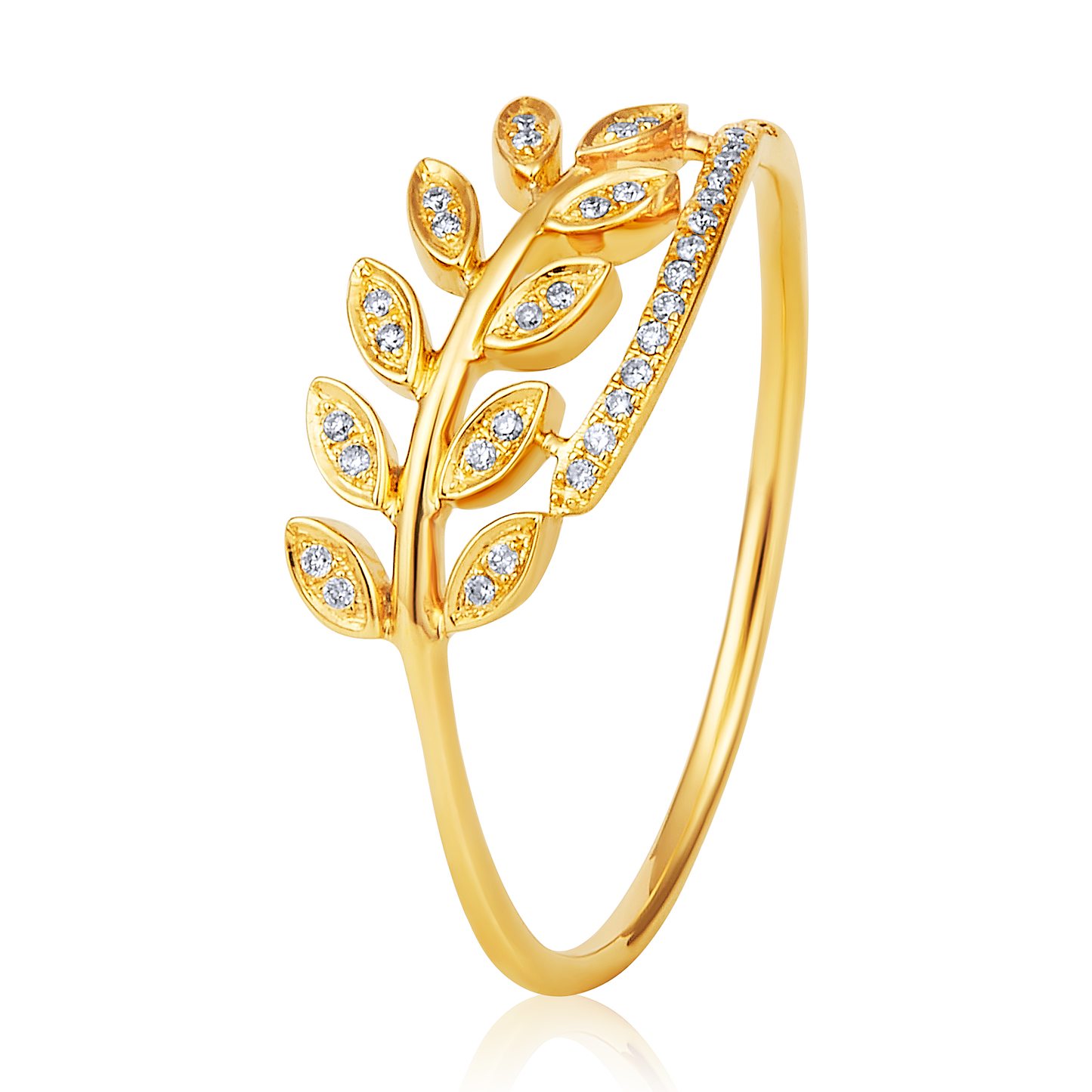 Solid Gold 0.1ct Natural Diamond Leaf Wrap Twist Branch Charm Ring