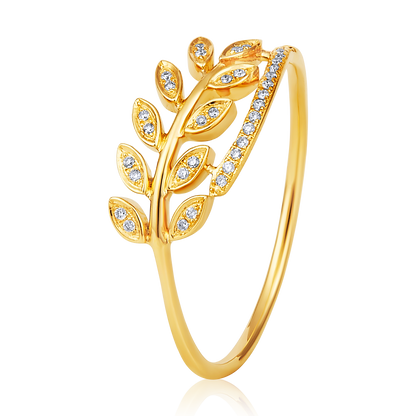 Solid Gold 0.1ct Natural Diamond Leaf Wrap Twist Branch Charm Ring