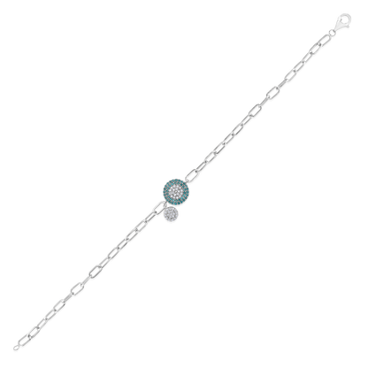 Solid Gold 0.2ct Natural Diamond Evil Eye Paperclip Charm Blue Bracelet