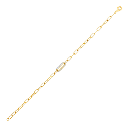 Solid Gold 0.2ct Natural Diamond Oval Bar Paperclip Chain Link Bracelet