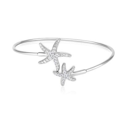 Solid Gold 1ct Natural Diamond 2 Starfish Open Cuff Flex Bangle Bracelet