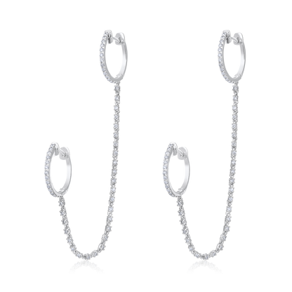 Solid Gold 1.1ct Natural Diamond Multi Pierce Hoop Huggie Chain Earrings