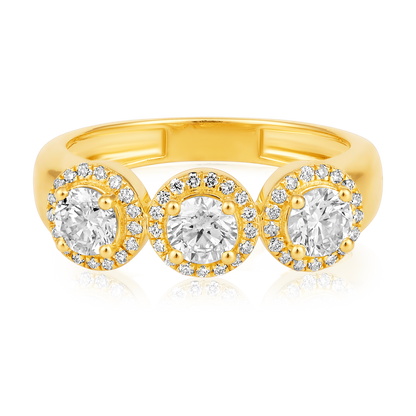 Solid Gold 1.1ct Natural Diamond 3 Stone Halo Band Thick Ring