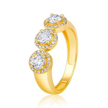 Solid Gold 1.1ct Natural Diamond 3 Stone Halo Band Thick Ring