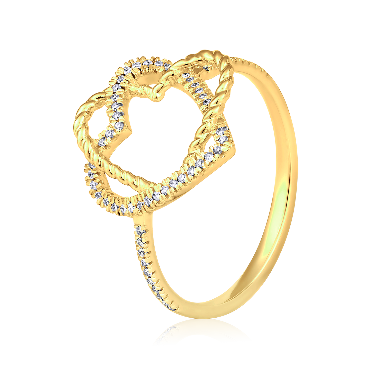 Solid Gold 0.12ct Natural Diamond 2 Heart Intertwine Love Ring