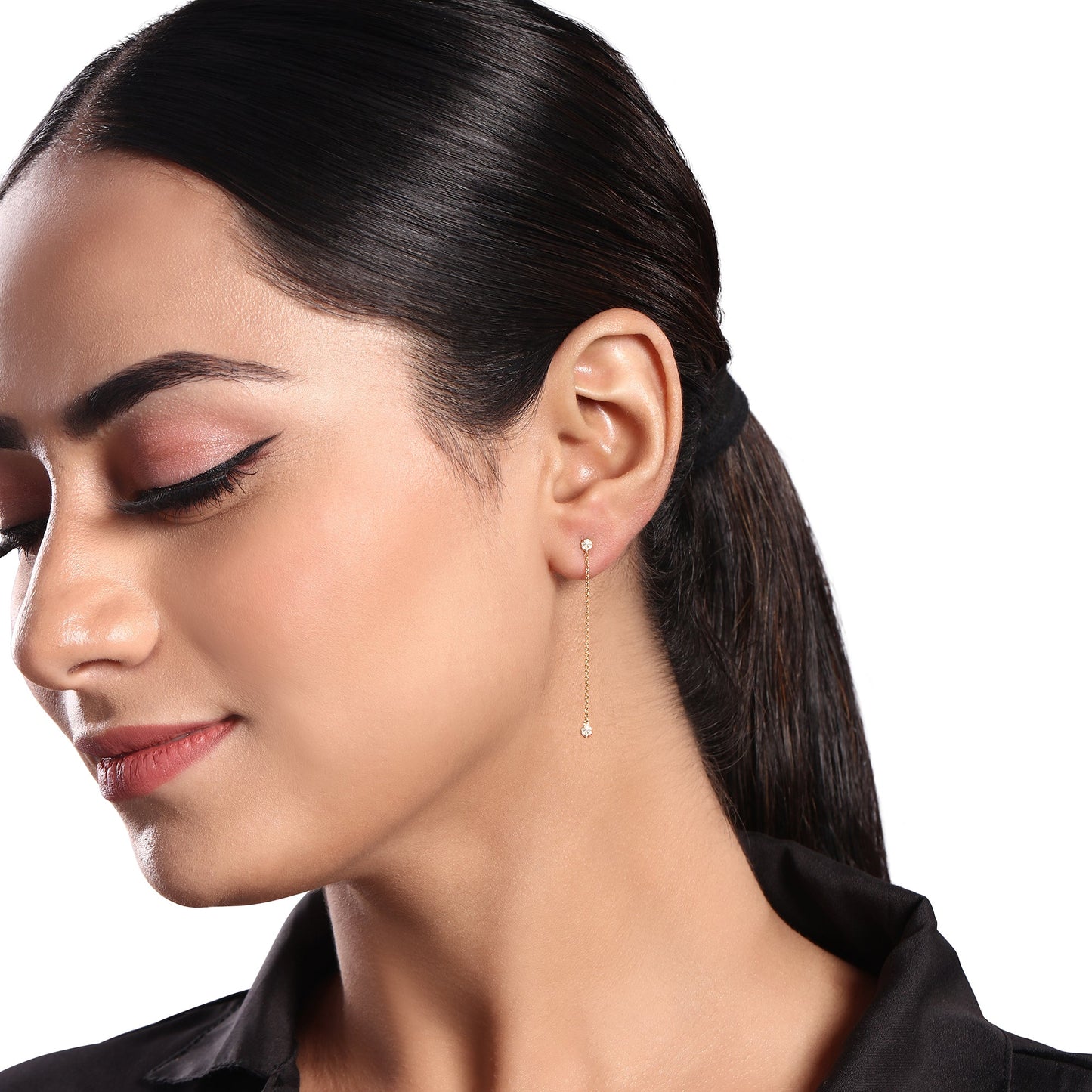 Solid Gold 0.1ct Natural Diamond Chain Drop Long Earrings