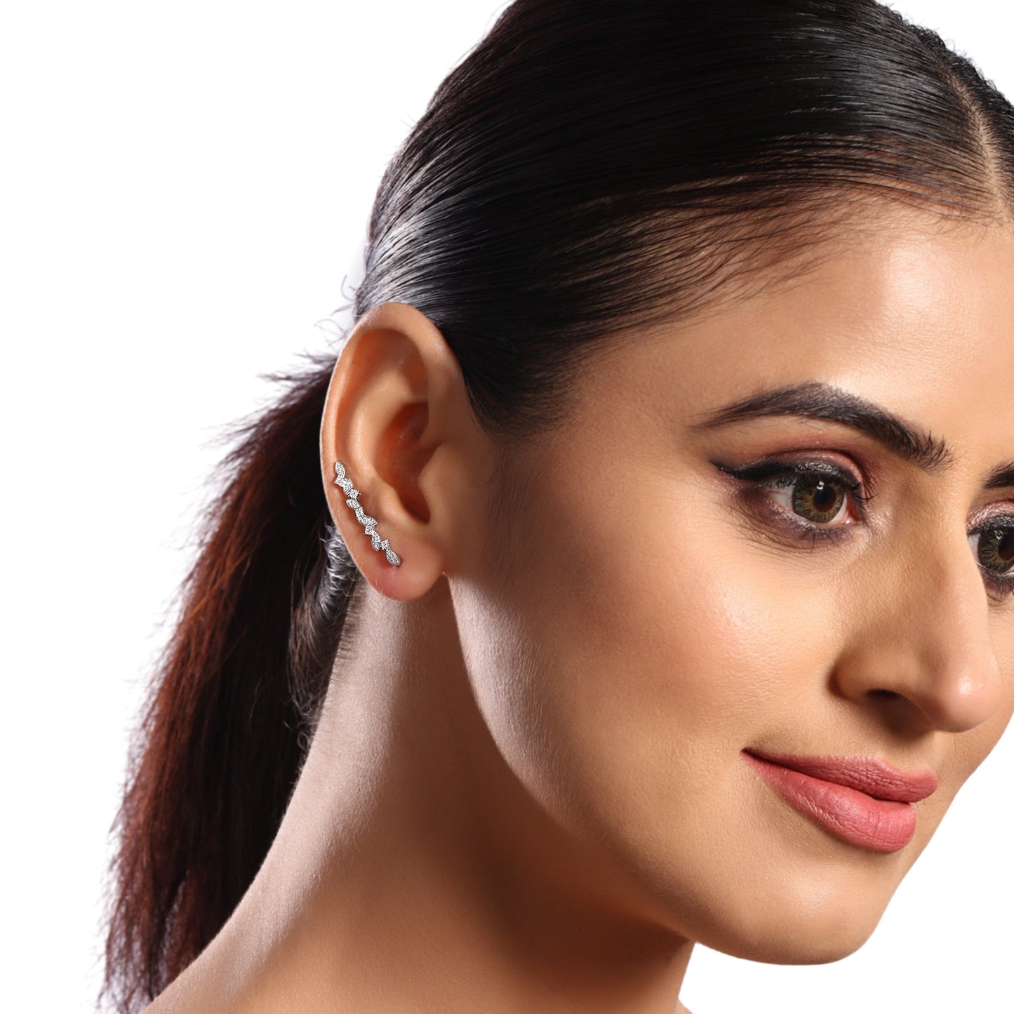 Solid Gold 0.13ct Natural Diamond Leaf Branch Climber Stud Earrings