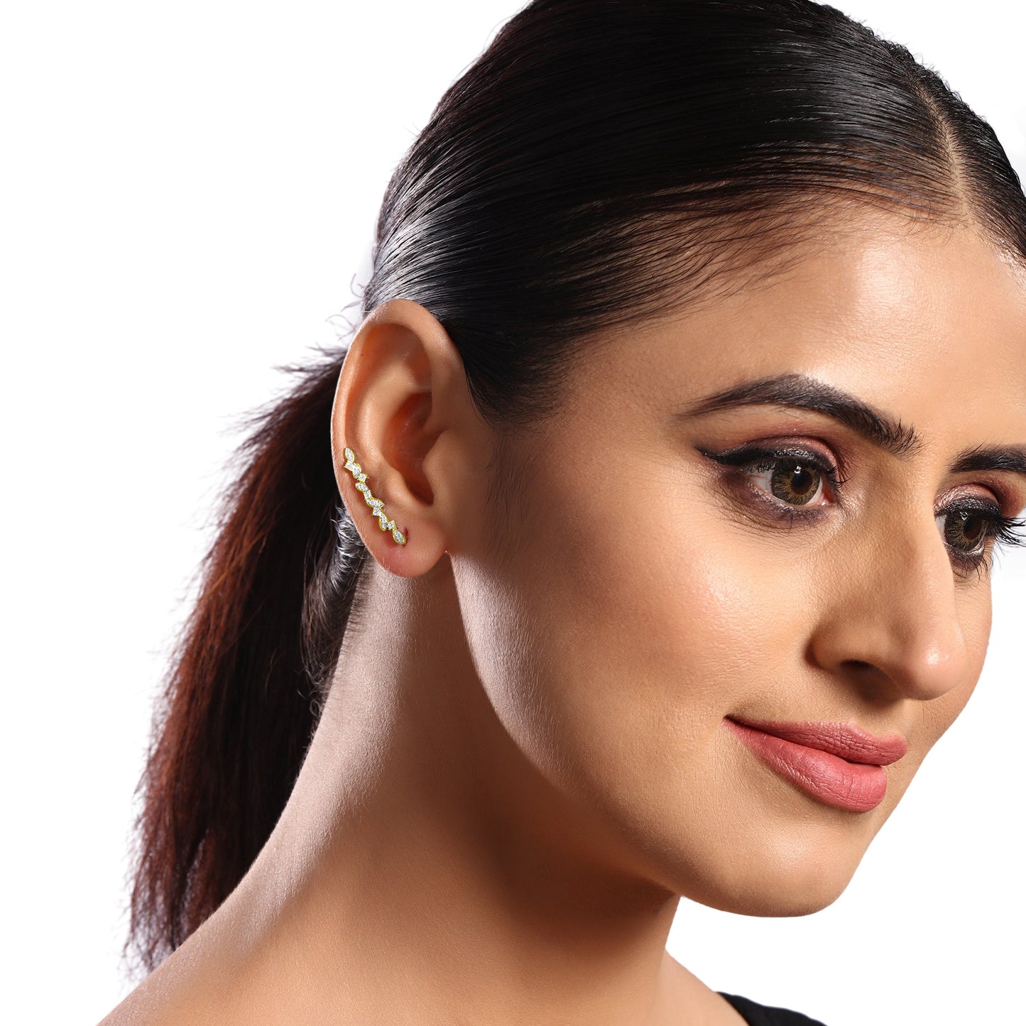 Solid Gold 0.13ct Natural Diamond Leaf Branch Long Climber Earrings