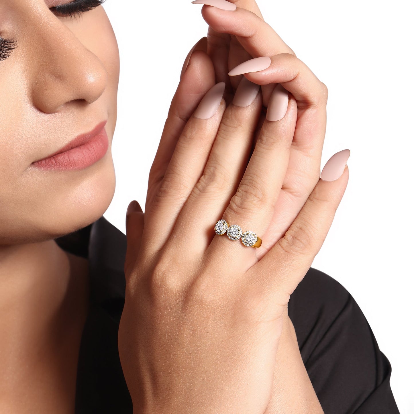 Solid Gold 1.1ct Natural Diamond 3 Stone Halo Band Thick Ring