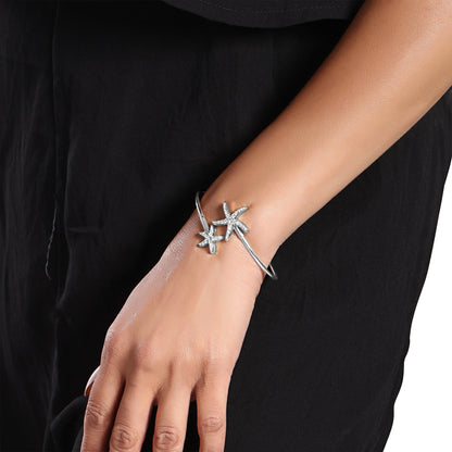 Solid Gold 1ct Natural Diamond 2 Starfish Open Cuff Flex Bangle Bracelet