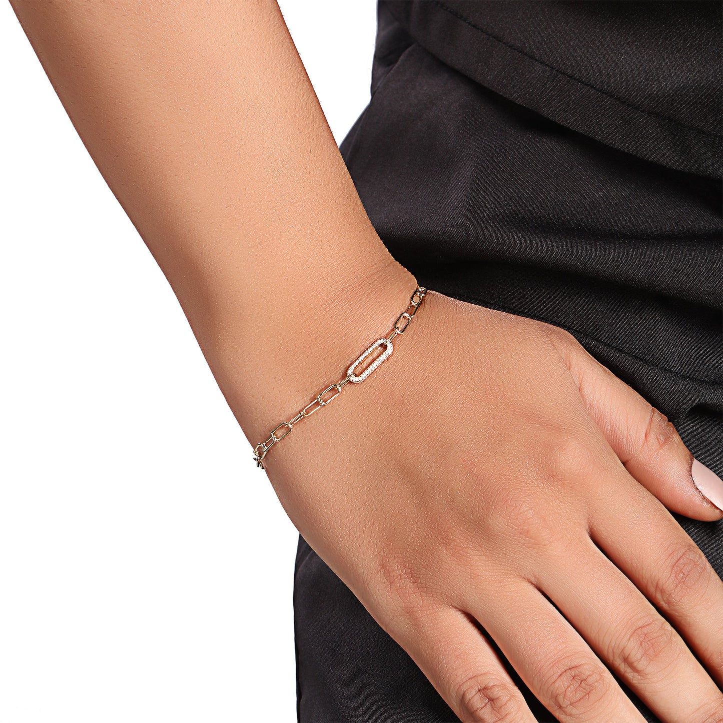 Solid Gold 0.2ct Natural Diamond Oval Bar Paperclip Chain Link Bracelet