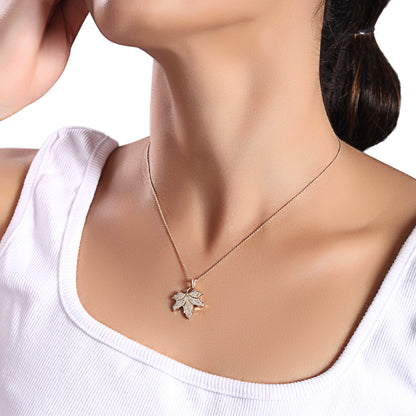 Solid Gold 0.3ct Natural Diamond Maple Leaf Charm Pendant Necklace