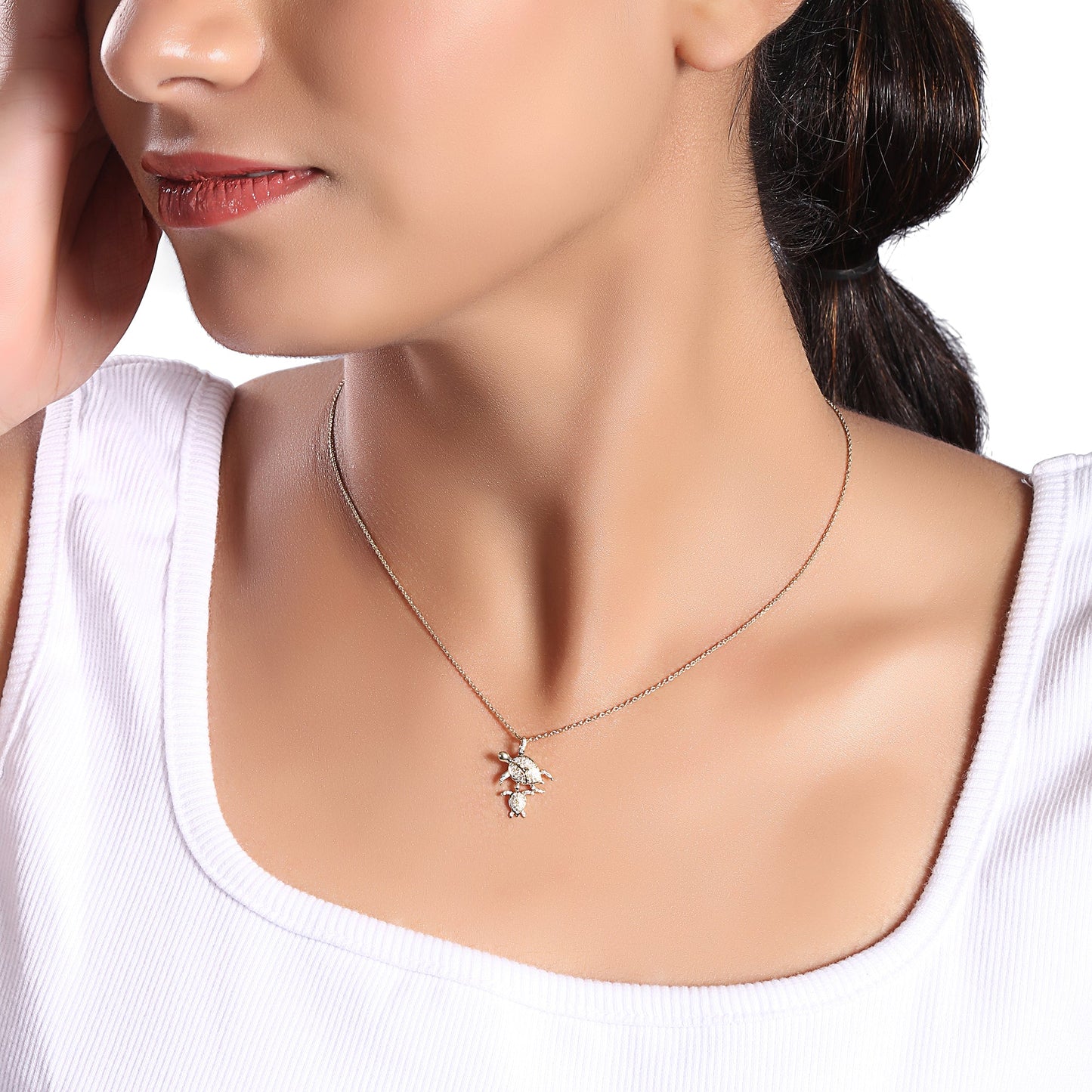 Solid Gold 0.11ct Natural Diamond Mom Baby Sea Turtle Pendant Necklace