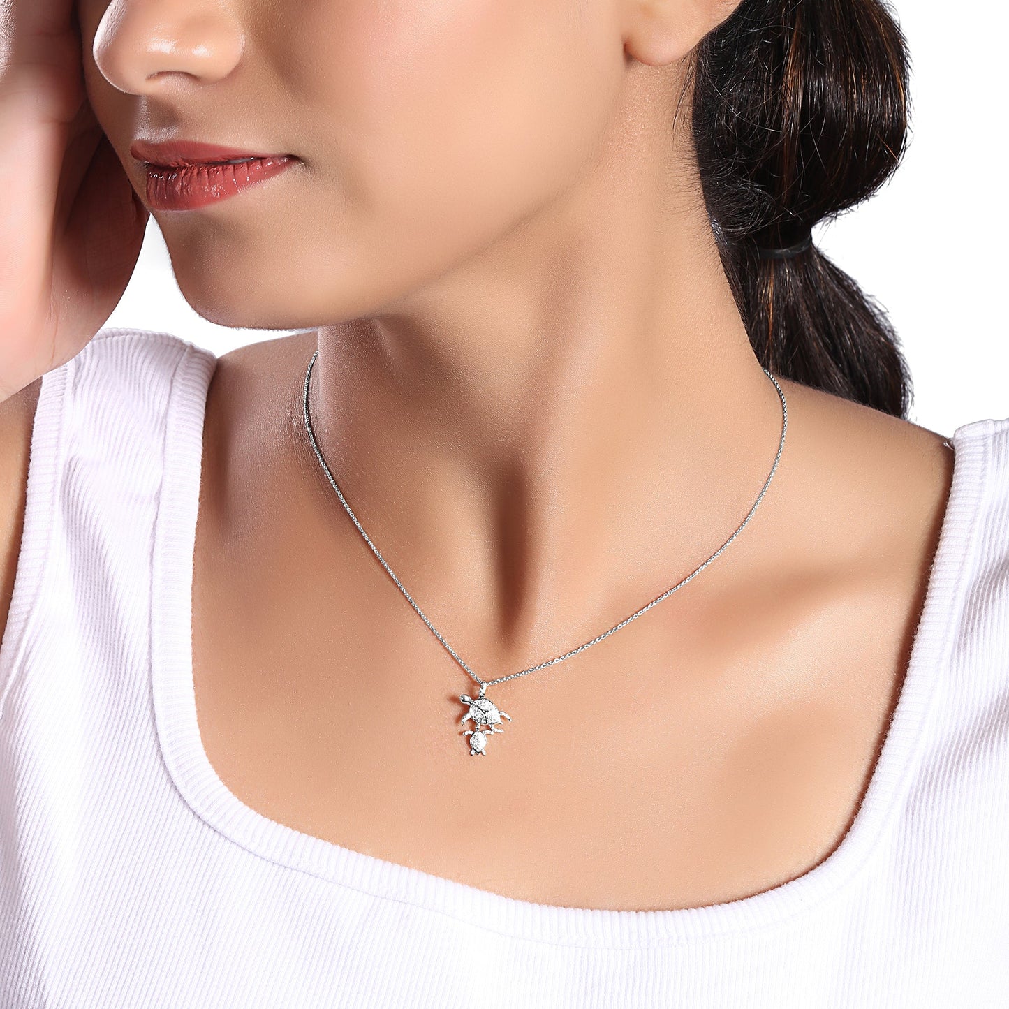 Solid Gold 0.12ct Natural Diamond Mother Baby Sea Turtle Charm Necklace