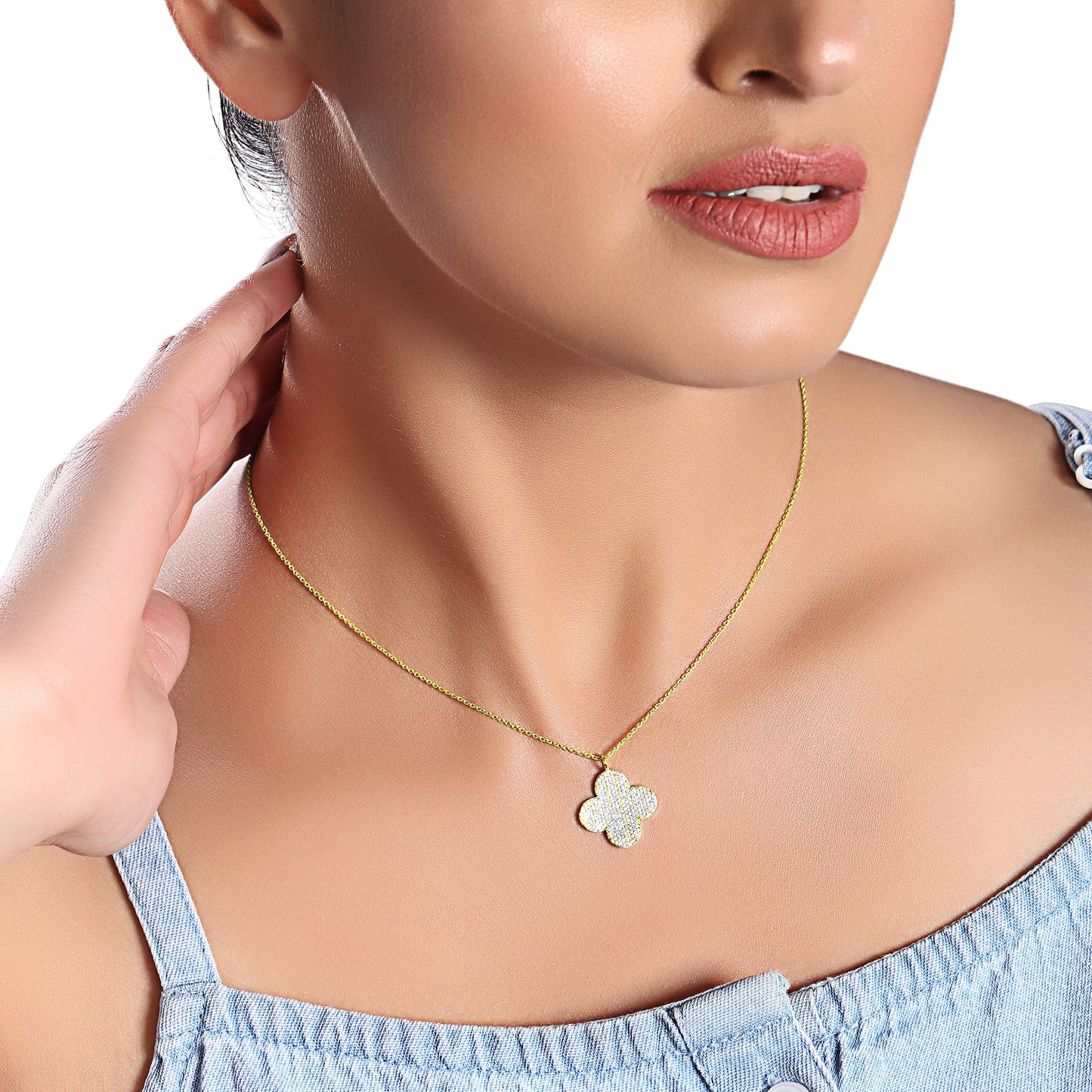 Solid Gold 0.4ct Natural Diamond Clover Studded Charm Necklace