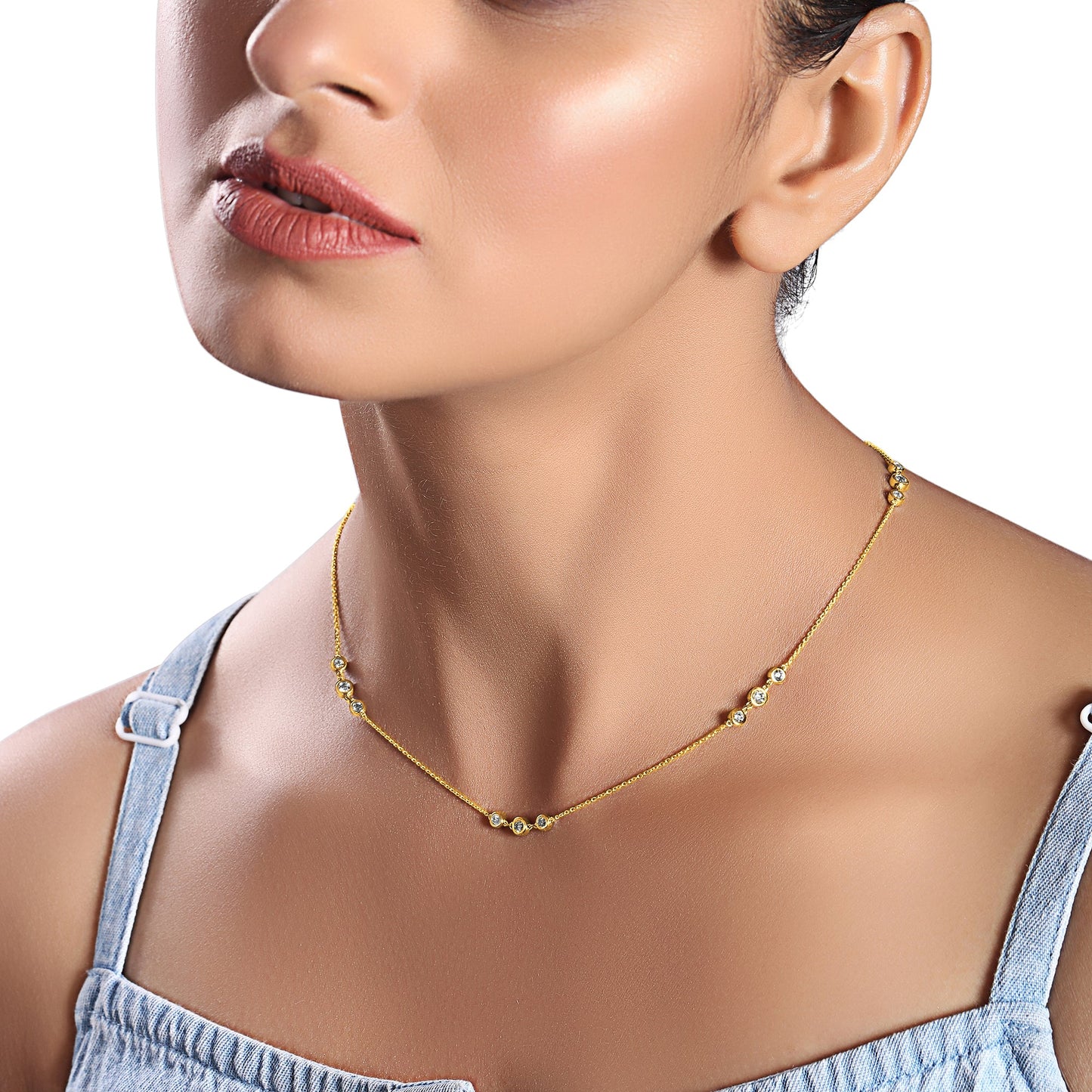 Solid Gold 0.8ct Natural Diamond By-Yard Cluster Bezel Necklace