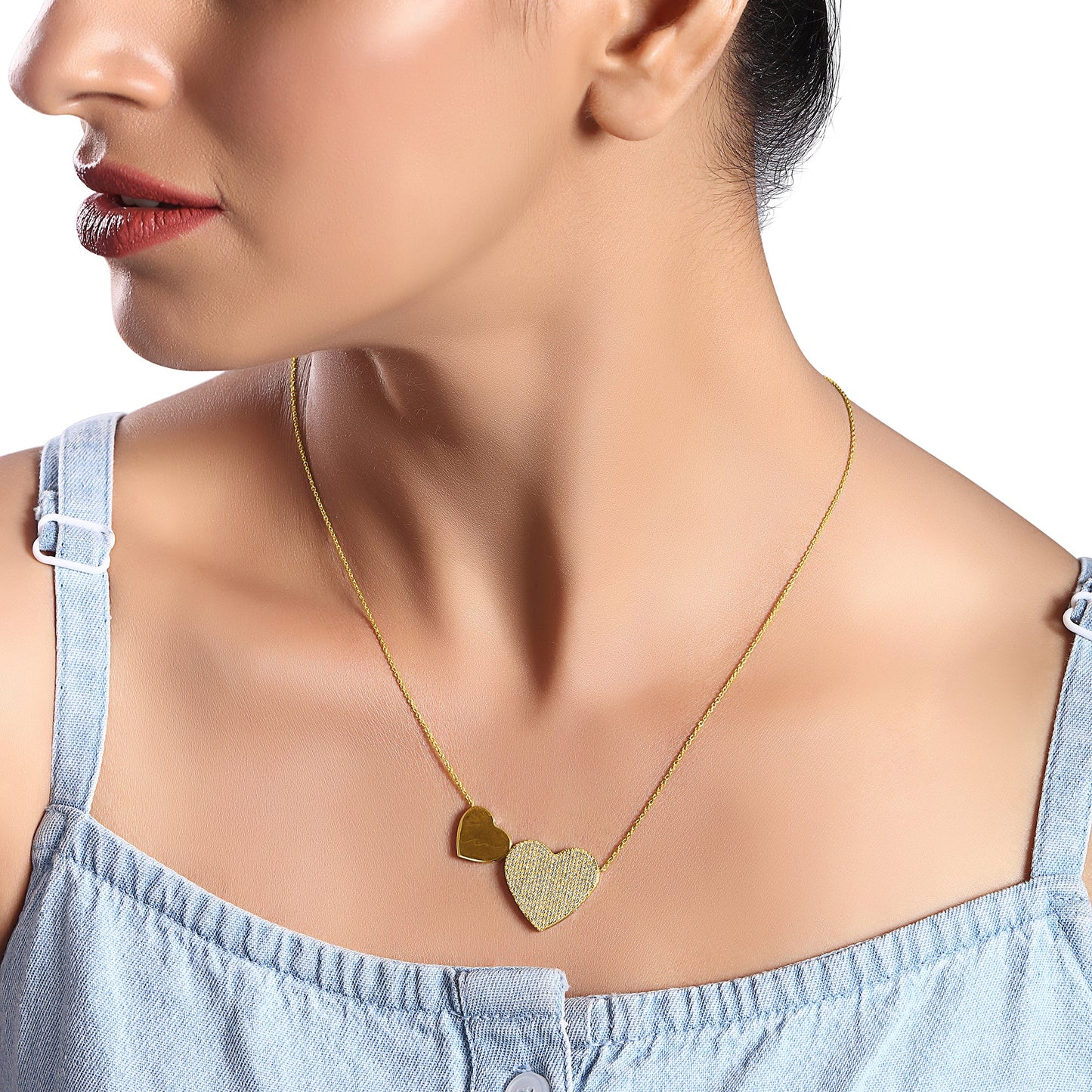 Solid Gold 0.6ct Natural Diamond Double Heart Love Linked Charm Necklace