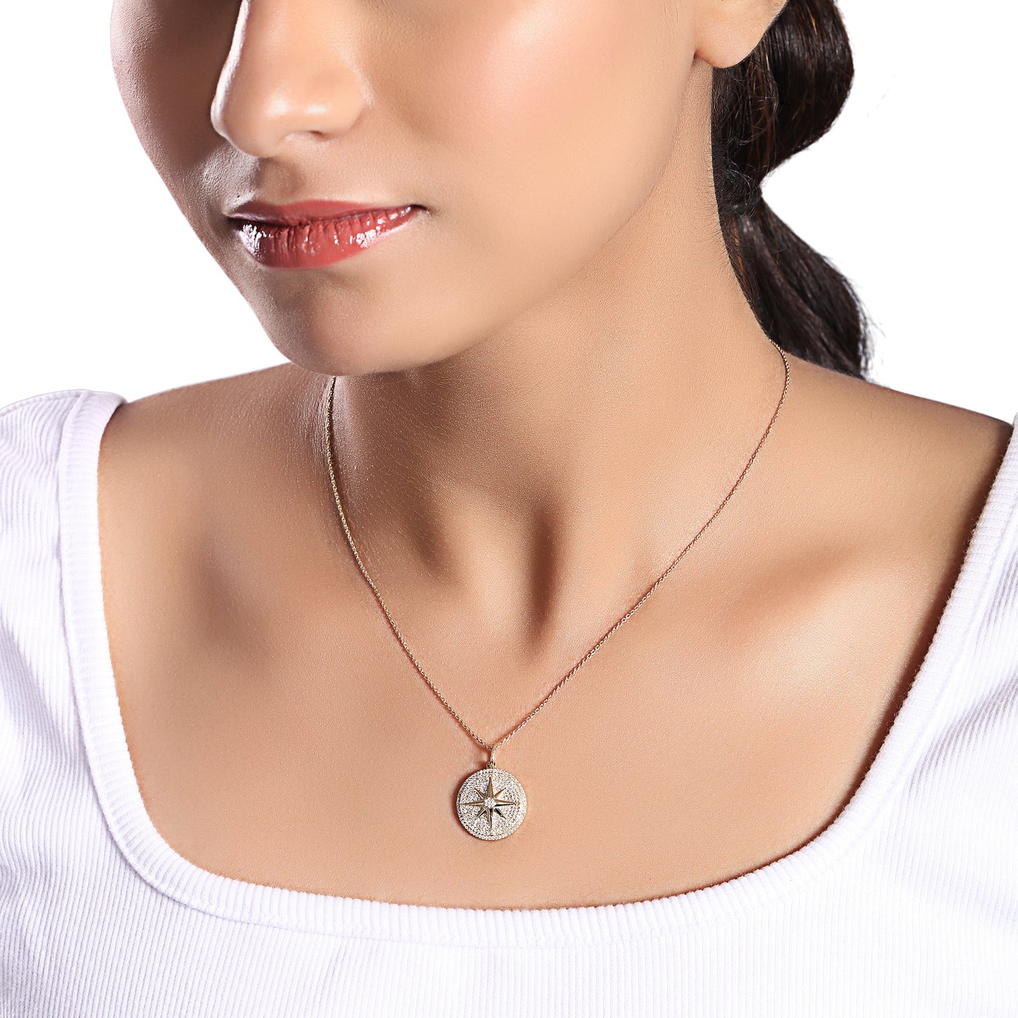 Solid Gold 0.5ct Natural Diamond Compass Moon Star Sun Charm Necklace