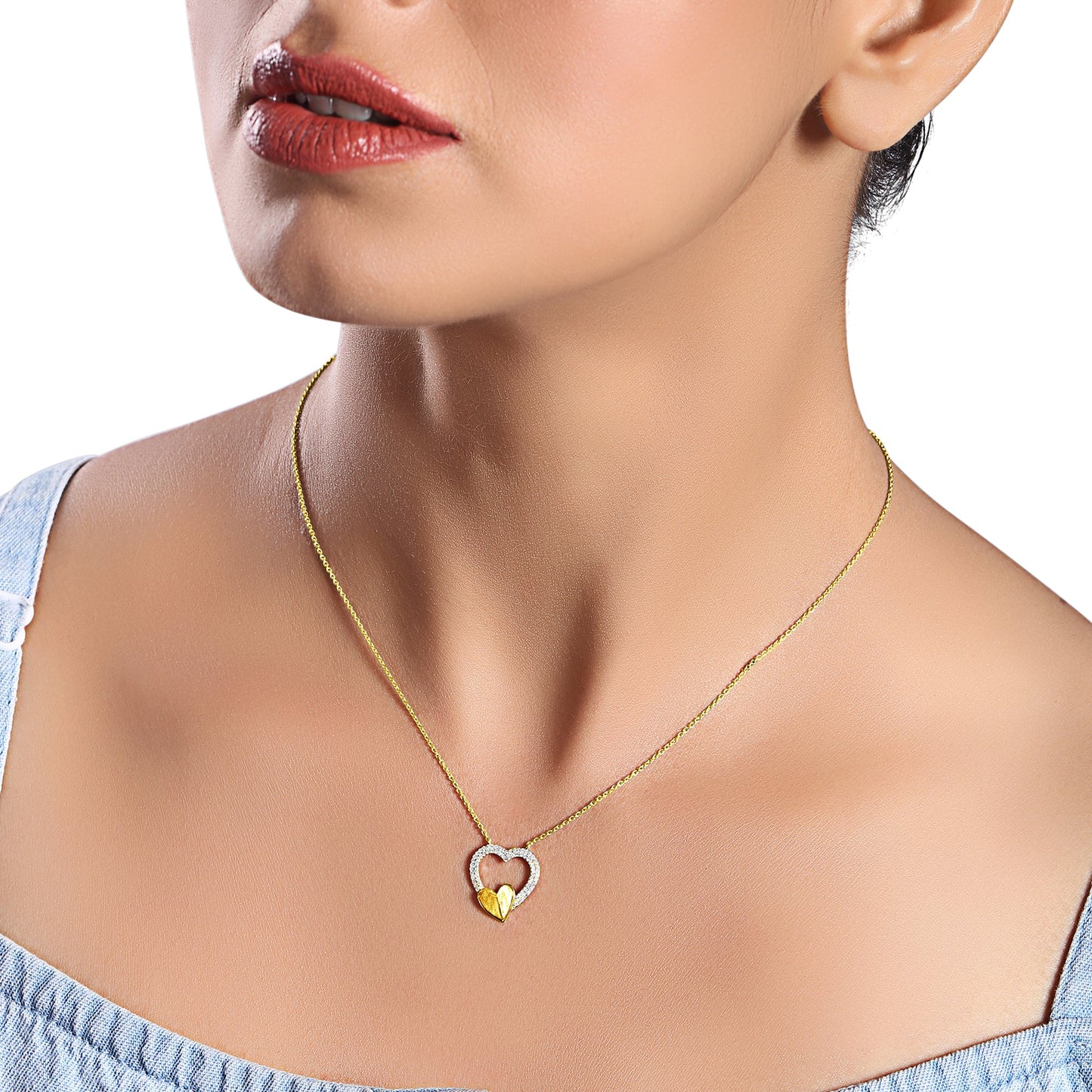 Solid Gold 0.14ct Natural Diamond Double Heart Flying Charm Necklace