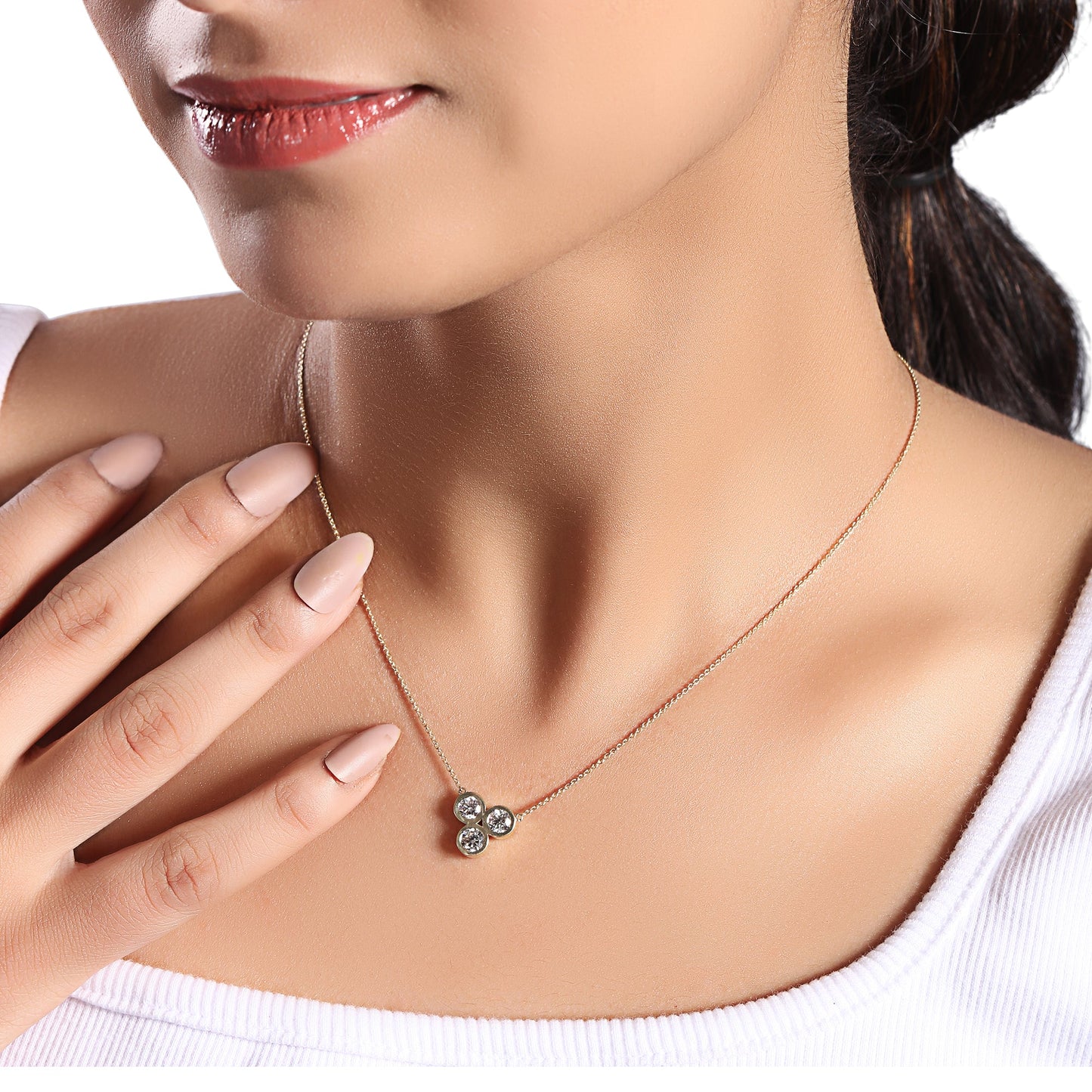 Solid Gold 1.2ct Natural Diamond Bezel Trio 3 Stone Charm Necklace