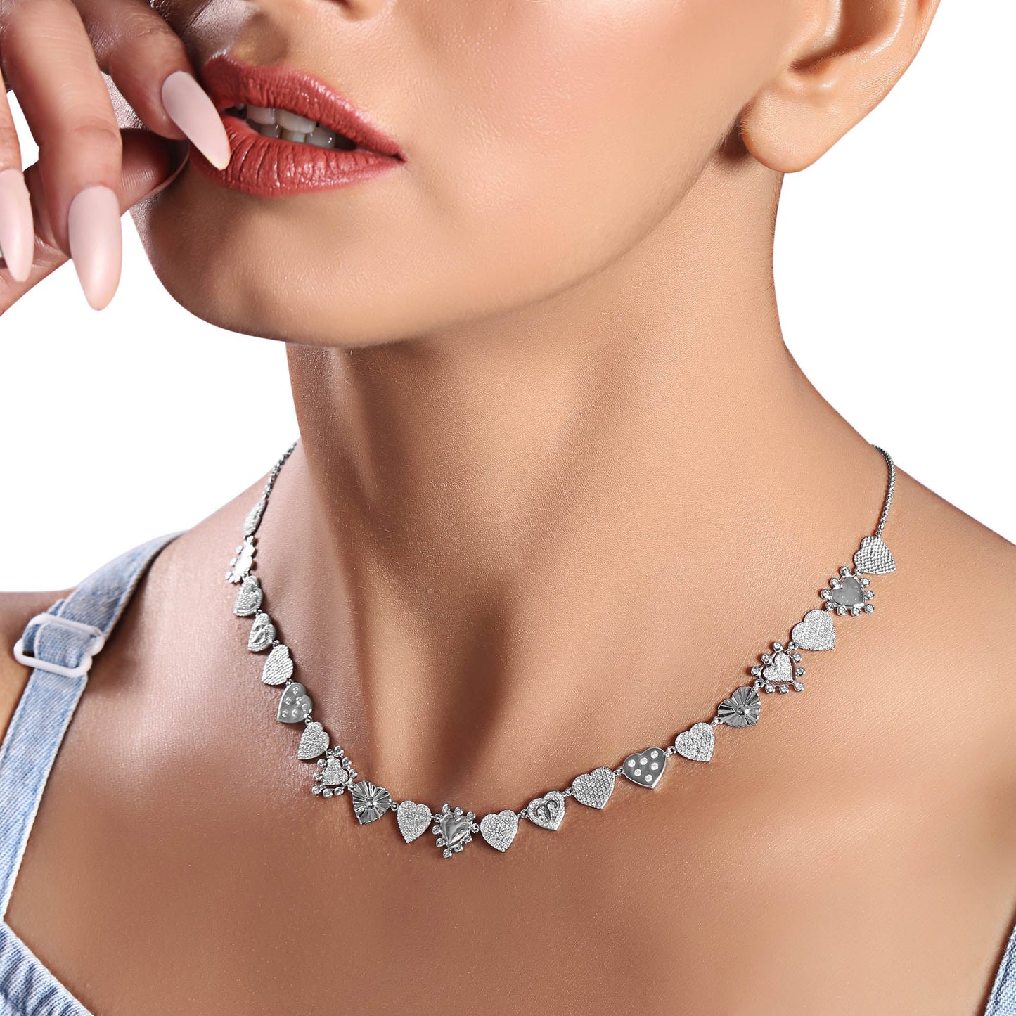 Solid Gold 1.3ct Natural Diamond Multi Heart Love Shape Spike Necklace