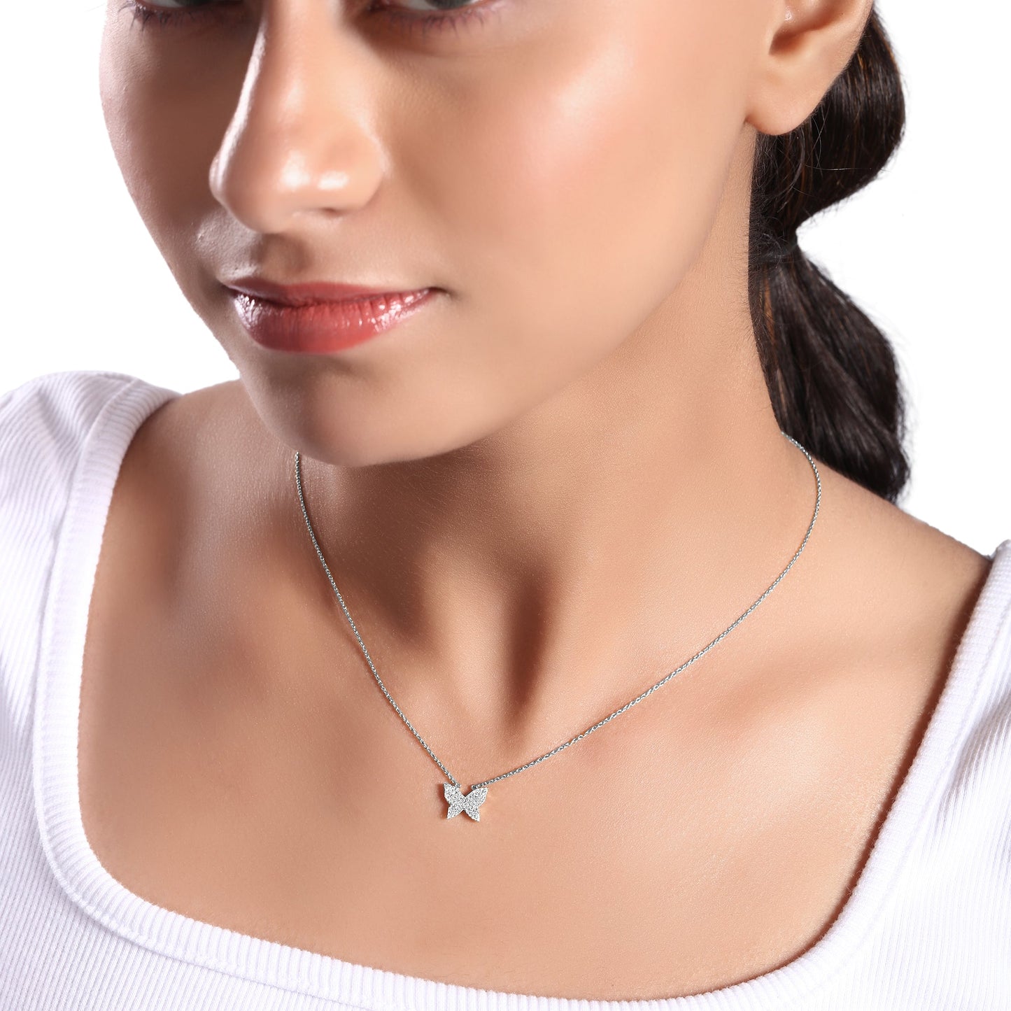 Solid Gold 0.12ct Natural Diamond Butterfly Tiny Charm Necklace