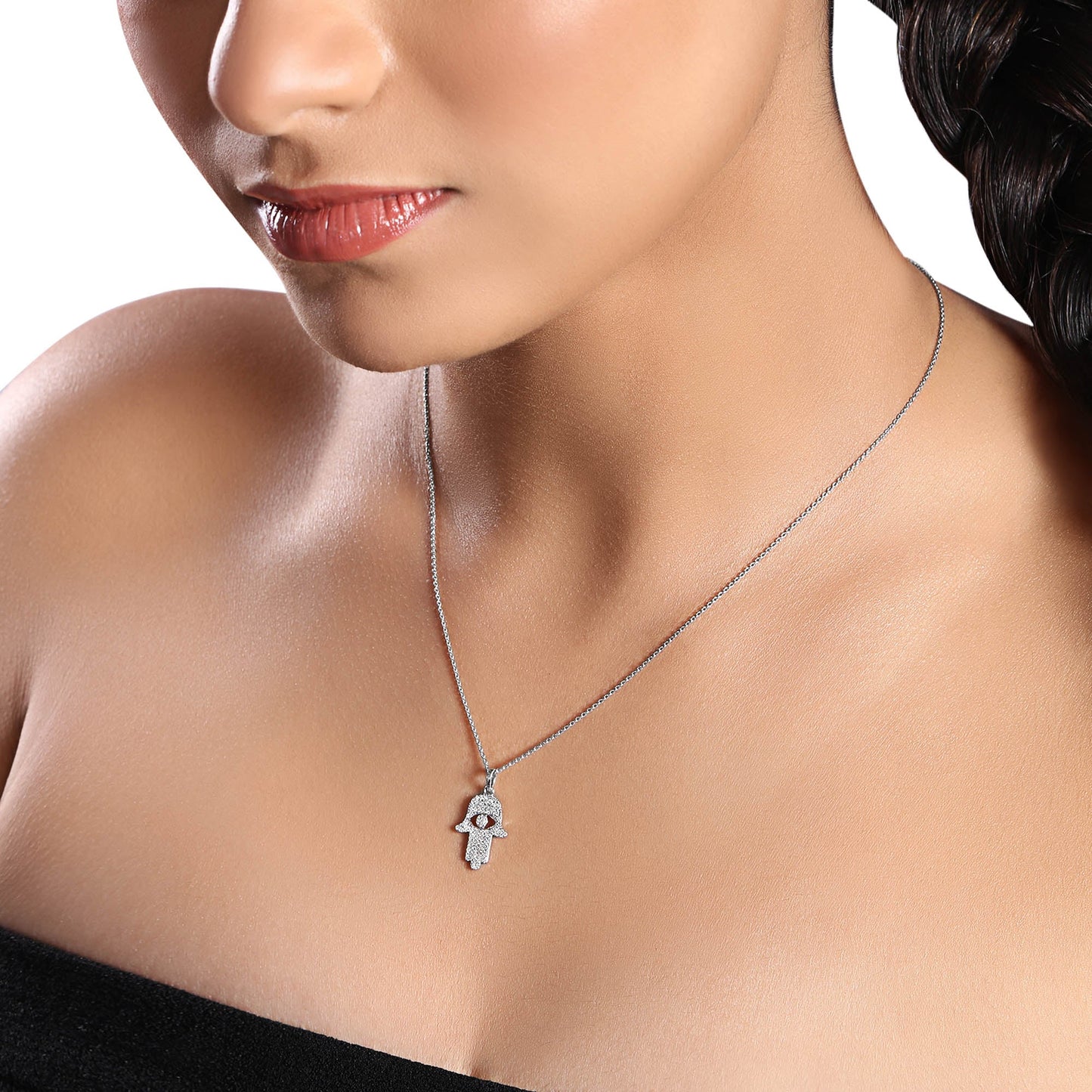 Solid Gold 0.21ct Natural Diamond Hamsa Evil Eye Charm Necklace