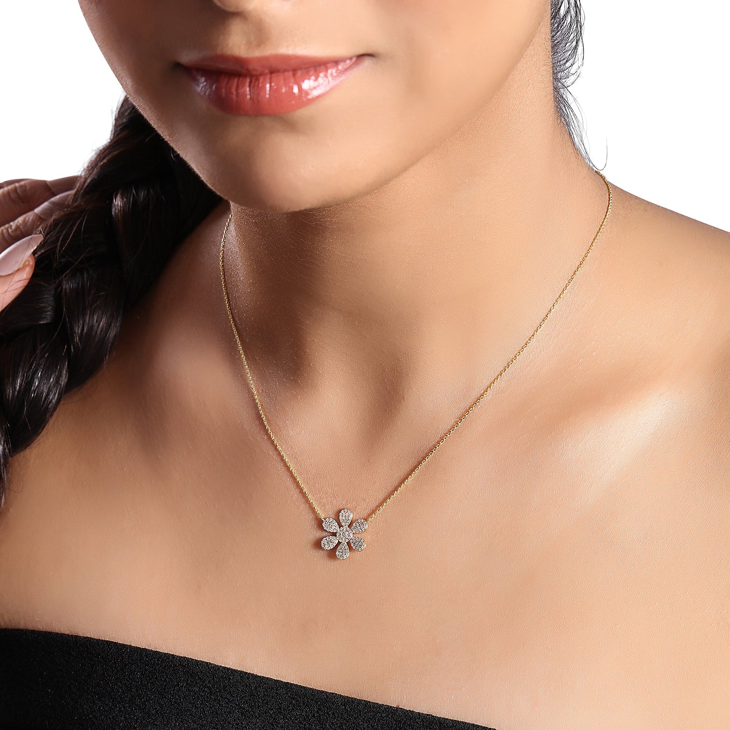 Solid Gold 0.43ct Natural Diamond Flower 5 Petal Charm Necklace