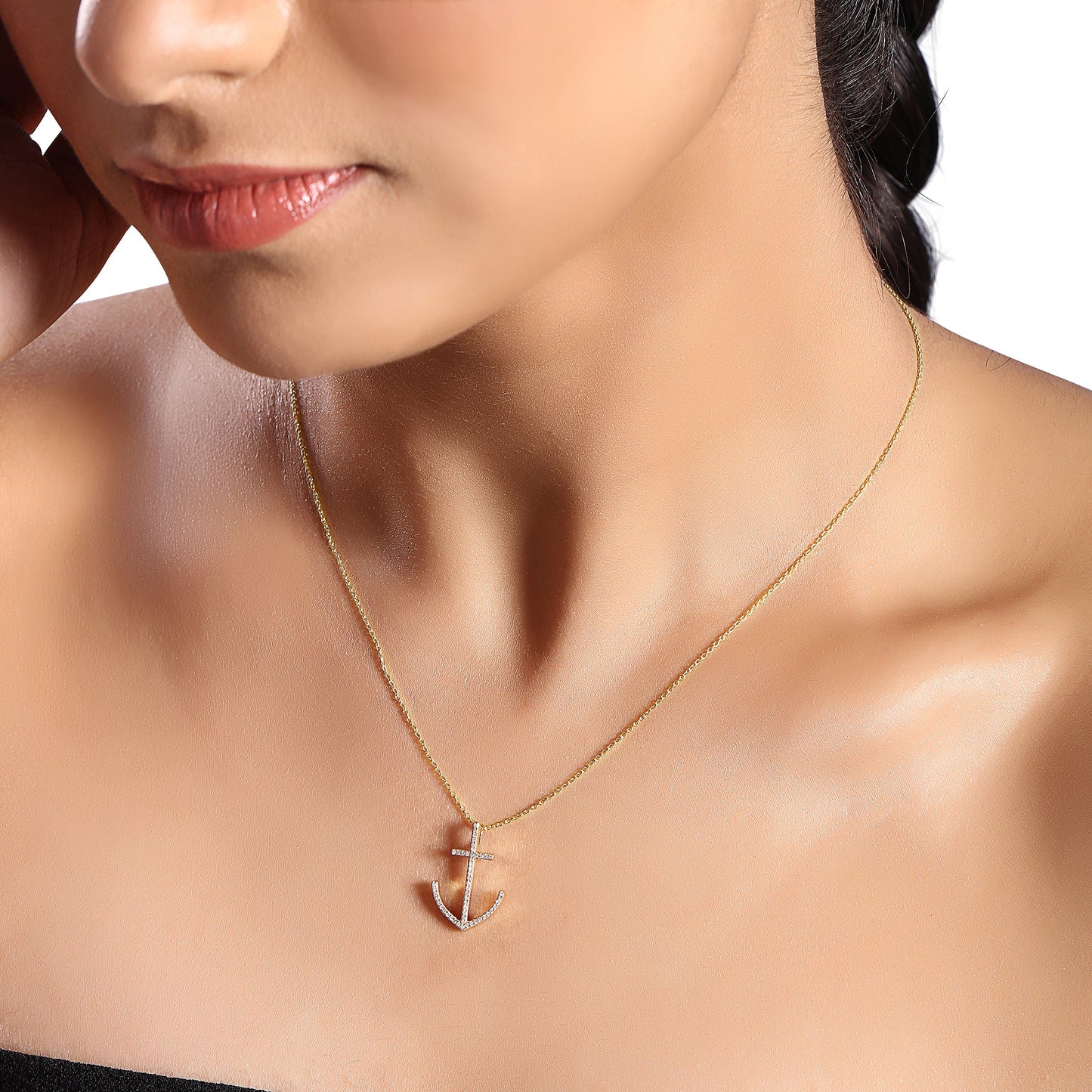 Solid Gold 0.1ct Natural Diamond Cross Anchor Nautical Charm Necklace