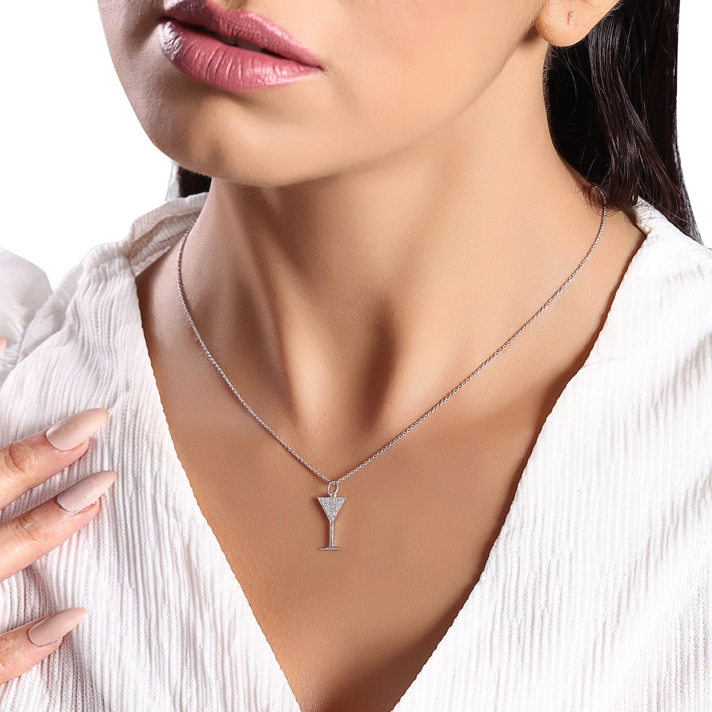 Solid Gold 0.1ct Natural Diamond Glass Charm Martini Cocktail Necklace