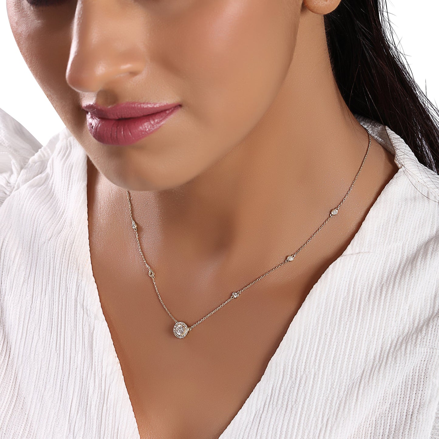 Solid Gold 0.62ct Natural Diamond Halo By-Yard Station Necklace