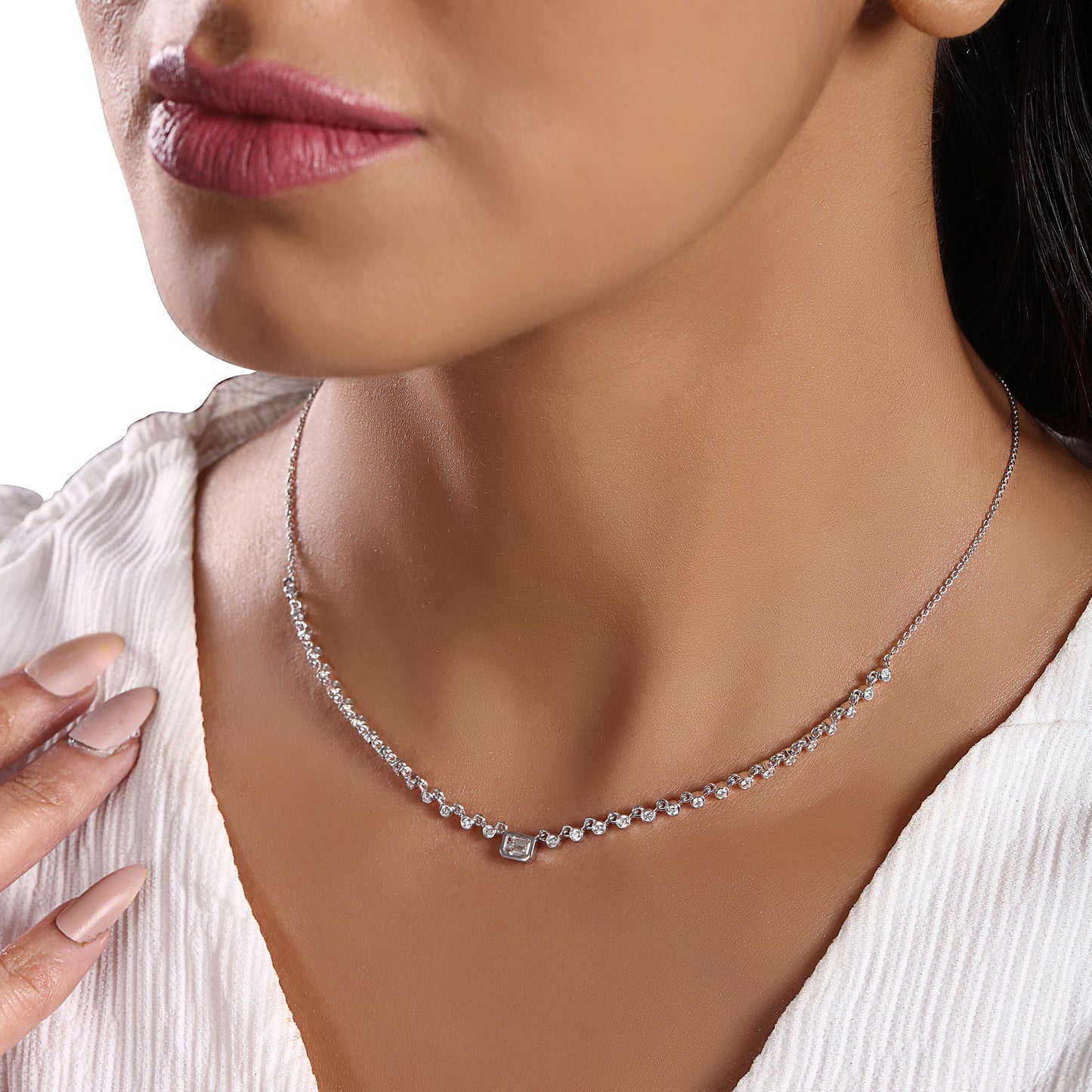 Solid Gold 1ct Natural Diamond Emerald Bezel Bead Stack Chain Necklace