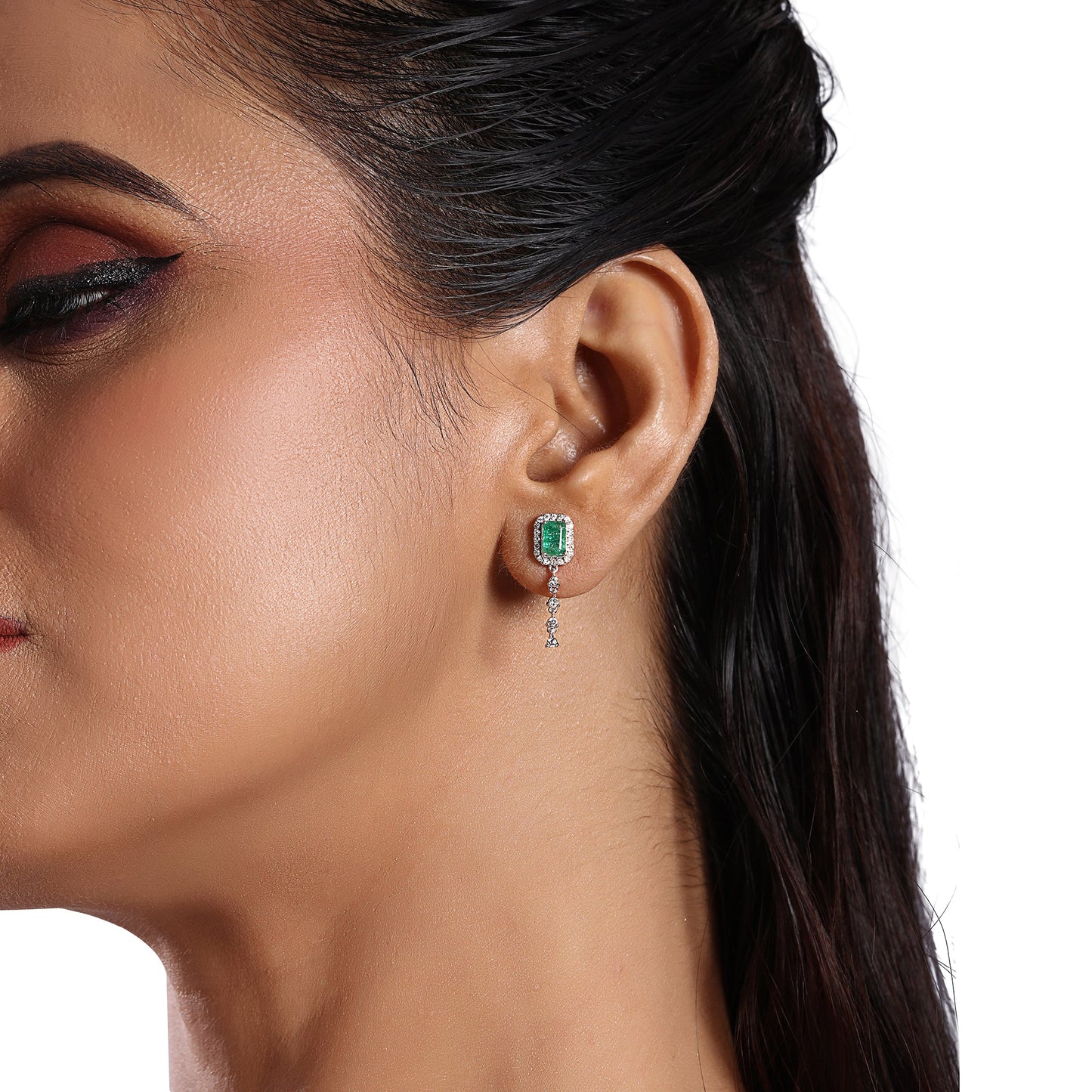 Solid Gold 0.5ct Natural Diamond w/ Emerald Chain Drop Stud Earrings